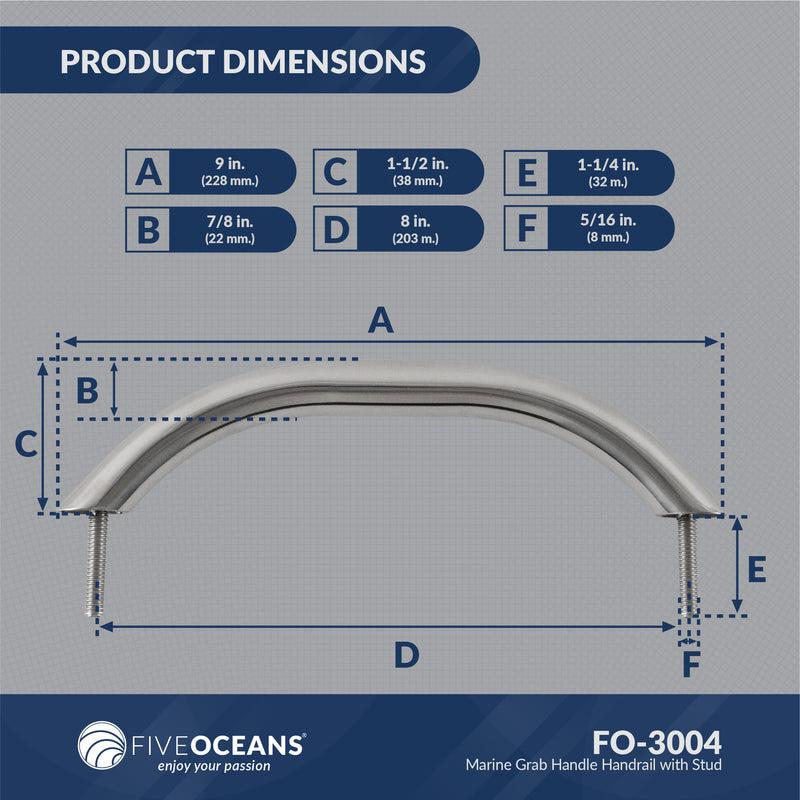 Grab Handle Handrail with Stud 9", Stainless Steel - Five Oceans-Canadian Marine &amp; Outdoor Equipment