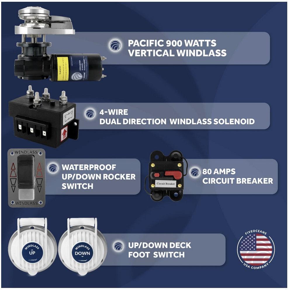 Pacific Windlass Kit, 1/4" HTG4 Chain - 1/2" Rope, Vertical 900 Watts, 12V DC - Five Oceans-Canadian Marine &amp; Outdoor Equipment