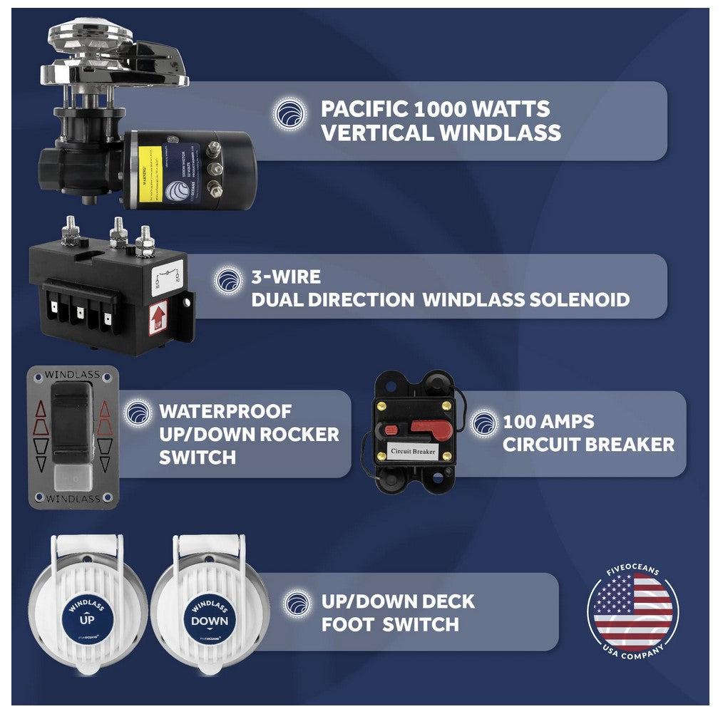 Pacific 1000 Vertical Anchor Windlass 1000W for 5/16" HT-G4 Chain and 9/16" Rope - Five Oceans-Canadian Marine &amp; Outdoor Equipment