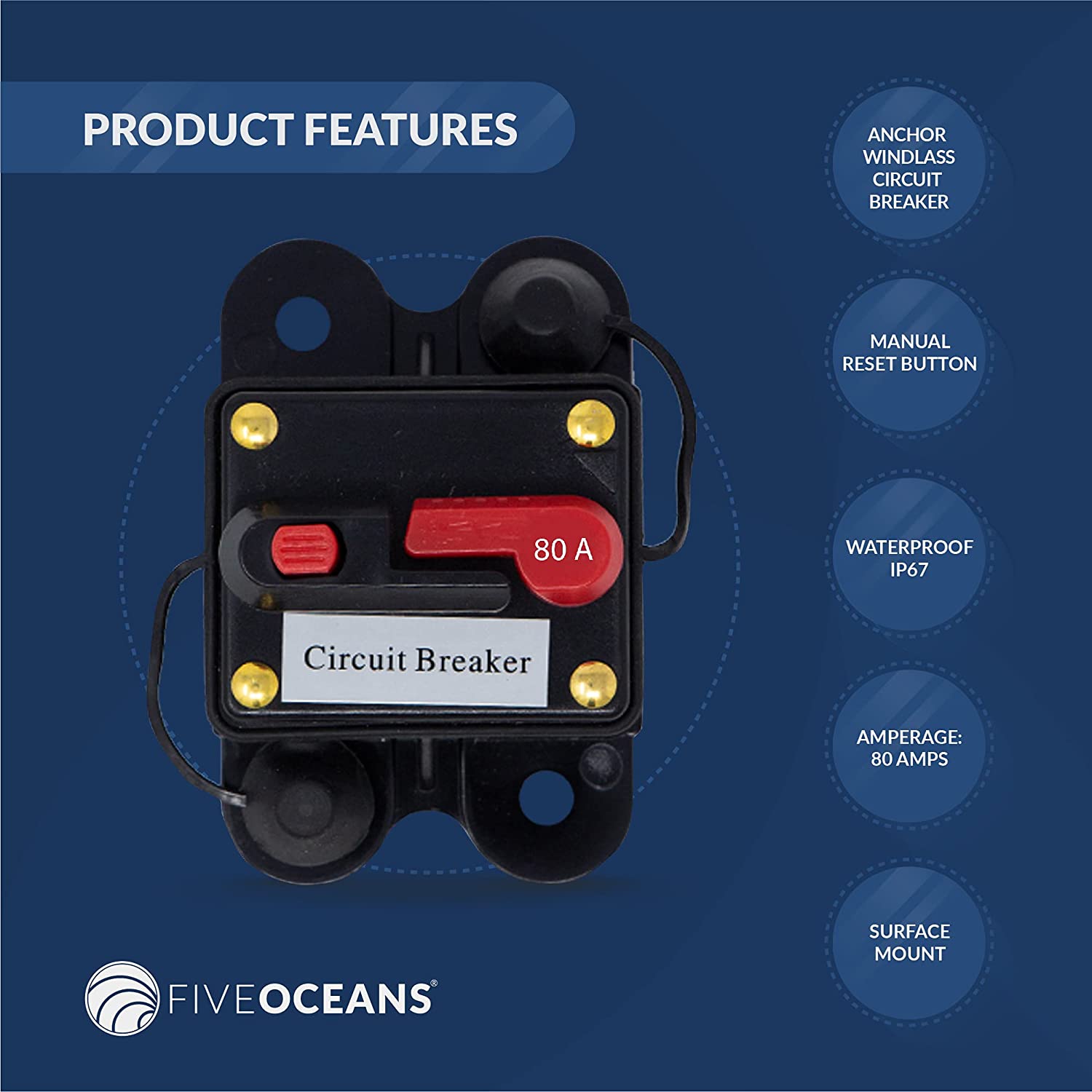 80 Amps Anchor Windlass Circuit Breaker with Manual Reset Button, 12 Volts, Waterproof IP67, Surface Mount, Easy Installation-Canadian Marine &amp; Outdoor Equipment