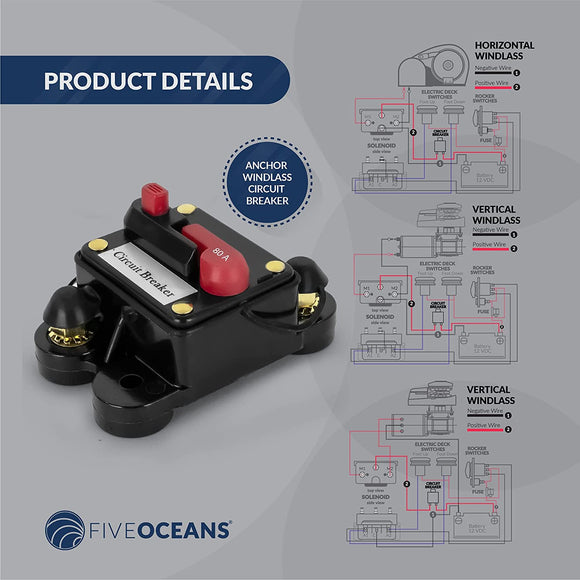 80A Anchor Windlass Circuit Breaker, 12V, Manual Reset - Five Oceans | Canadian Marine & Outdoor Equipment