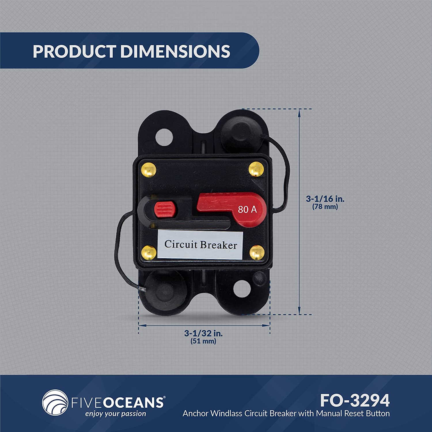 80 Amps Anchor Windlass Circuit Breaker with Manual Reset Button, 12 Volts, Waterproof IP67, Surface Mount, Easy Installation-Canadian Marine &amp; Outdoor Equipment