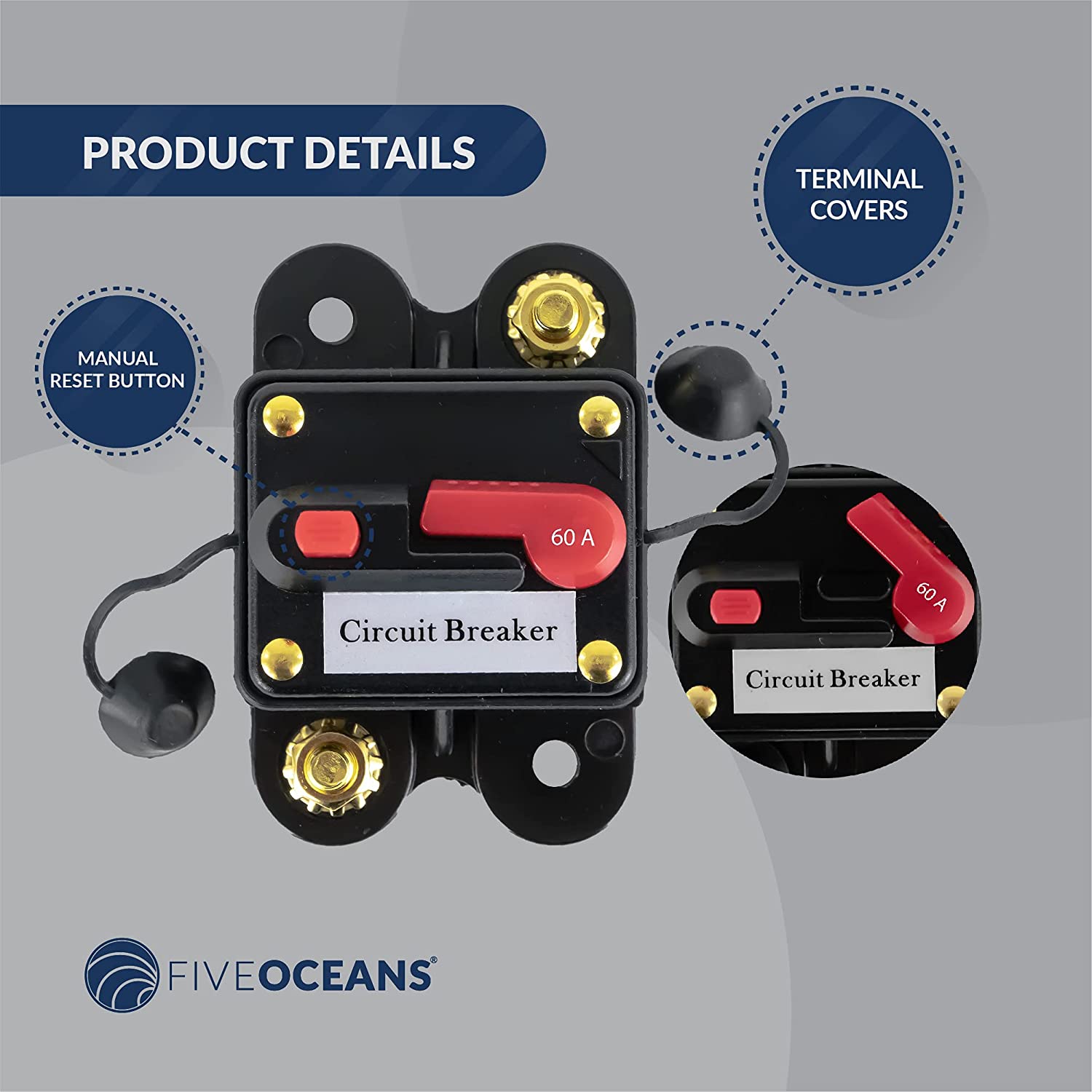 60 Amps Anchor Windlass Circuit Breaker with Manual Reset Button, 12 Volts, Waterproof IP67, Surface Mount, Easy Installation-Canadian Marine &amp; Outdoor Equipment