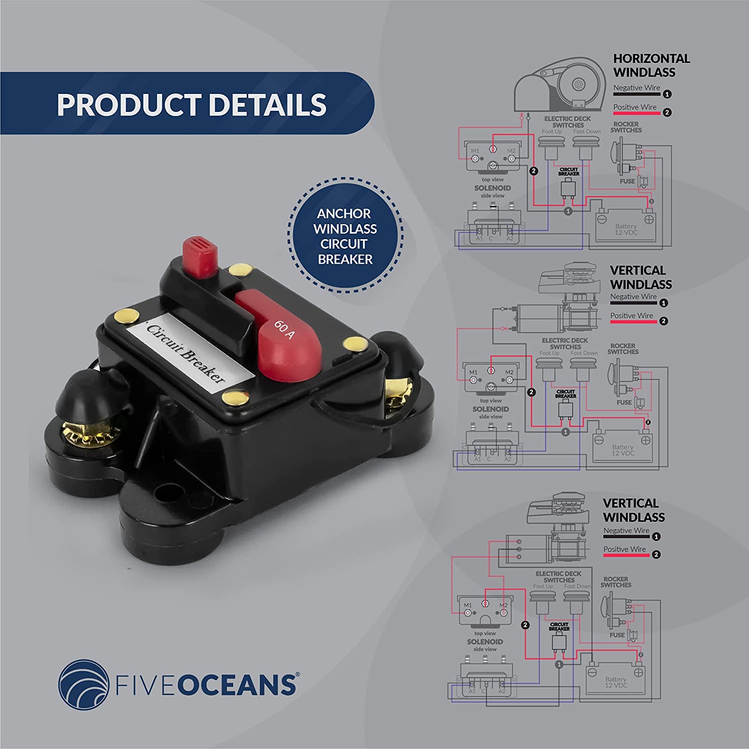 60 Amps Anchor Windlass Circuit Breaker with Manual Reset Button, 12 Volts, Waterproof IP67, Surface Mount, Easy Installation-Canadian Marine &amp; Outdoor Equipment