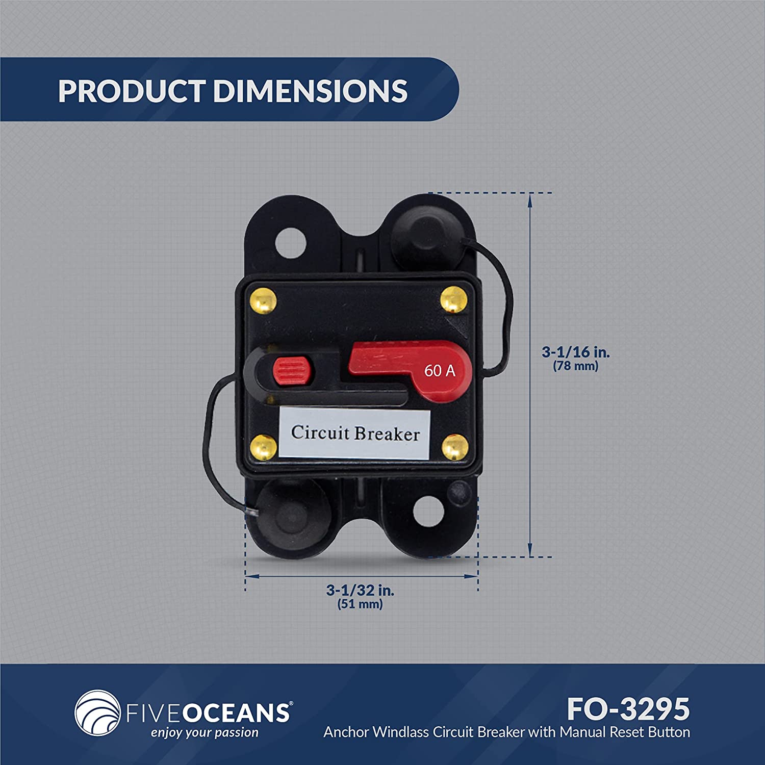 60 Amps Anchor Windlass Circuit Breaker with Manual Reset Button, 12 Volts, Waterproof IP67, Surface Mount, Easy Installation-Canadian Marine &amp; Outdoor Equipment