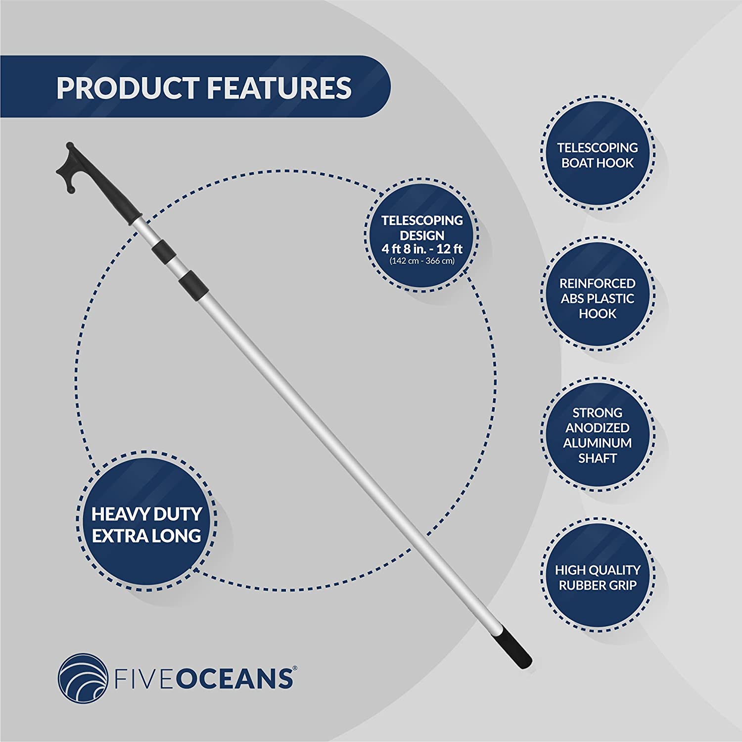 Telescoping Aluminum Boat Hook, Extends from 4-1/2 ft / 56 in (142cm) to 12 ft / 144 in (366cm), Anodized Aluminum shaft-Canadian Marine &amp; Outdoor Equipment