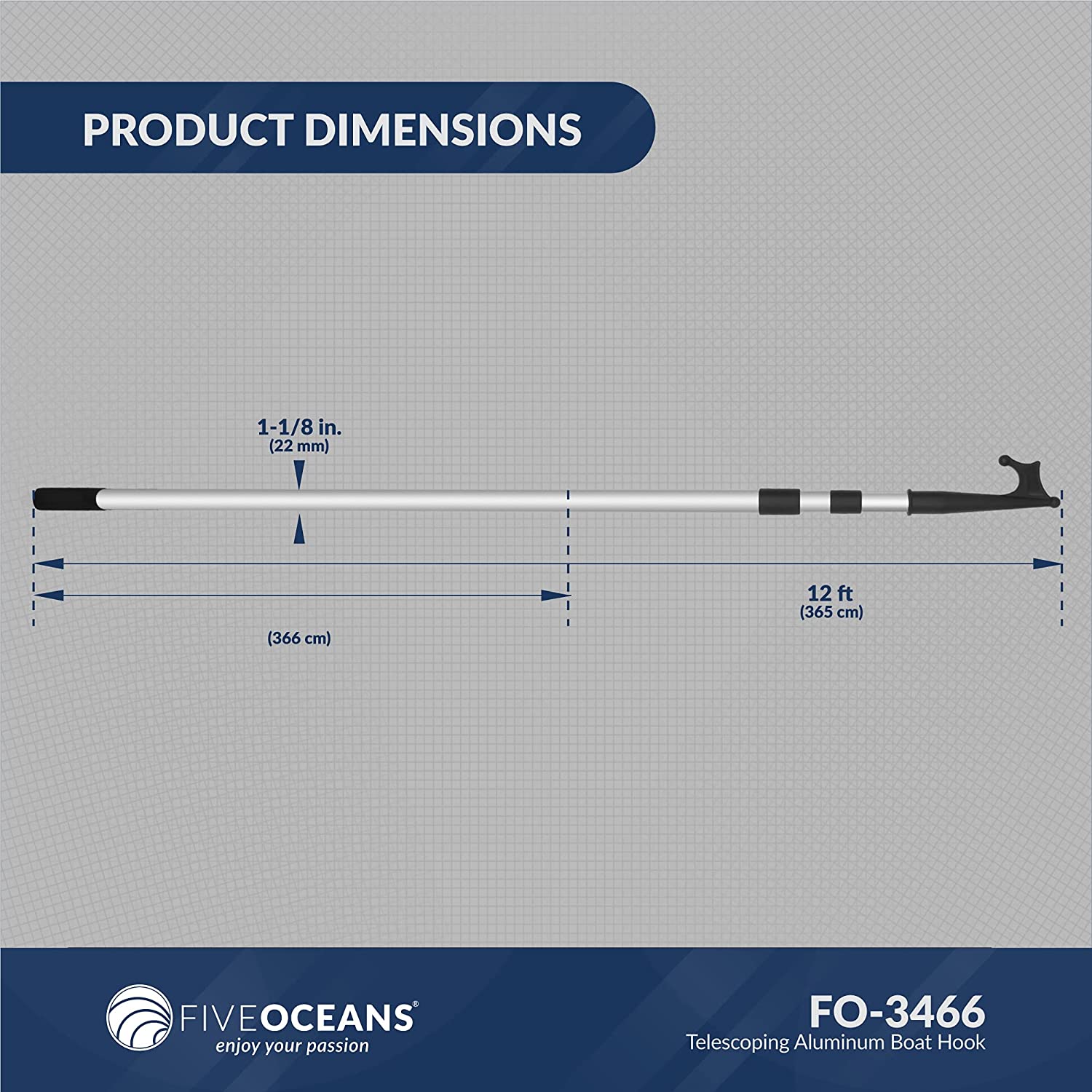 Telescoping Aluminum Boat Hook, Extends from 4-1/2 ft / 56 in (142cm) to 12 ft / 144 in (366cm), Anodized Aluminum shaft-Canadian Marine &amp; Outdoor Equipment