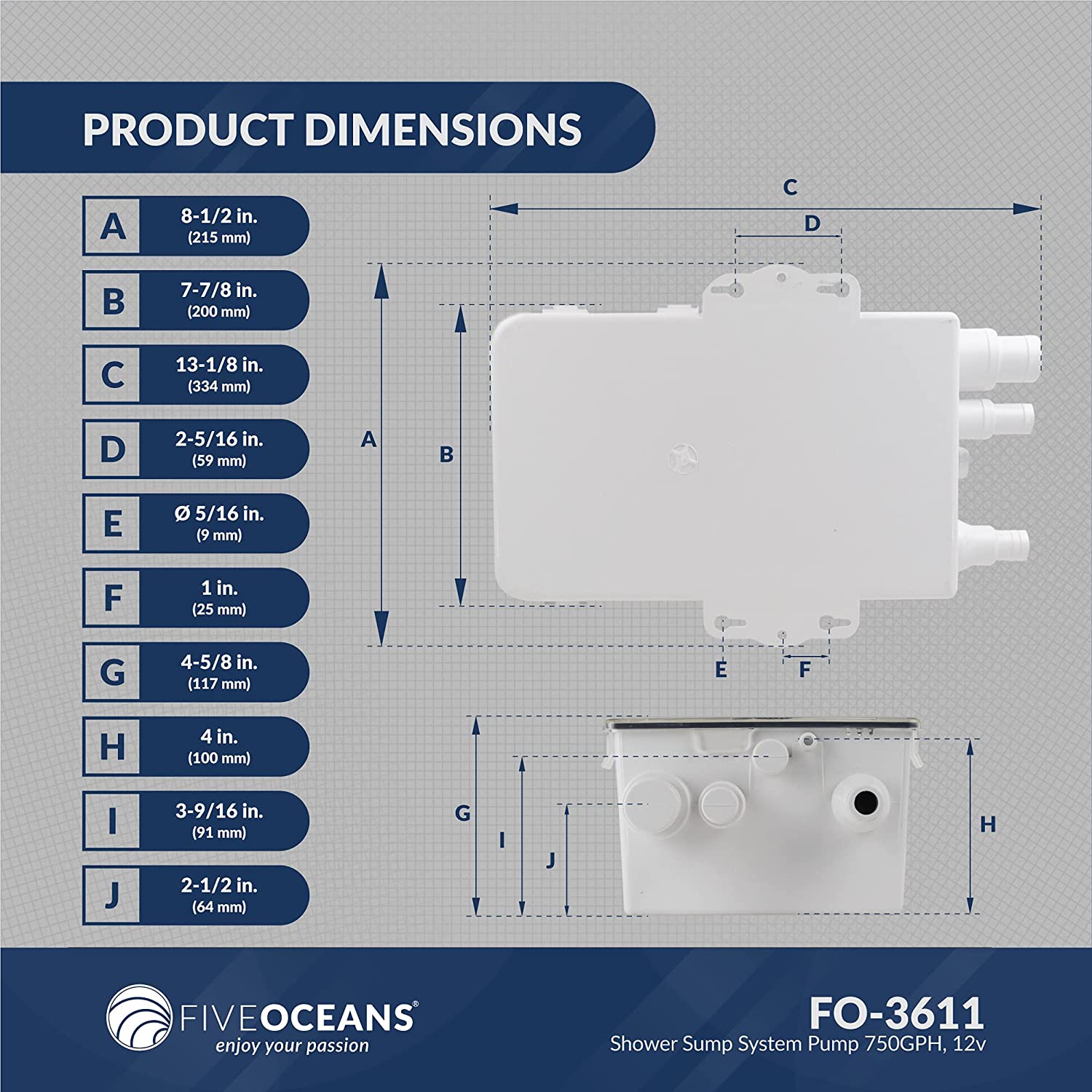 Shower Drain 12V Sump System w/Bilge Pump 750GPH - Boat, RV- Five Oceans-Canadian Marine &amp; Outdoor Equipment