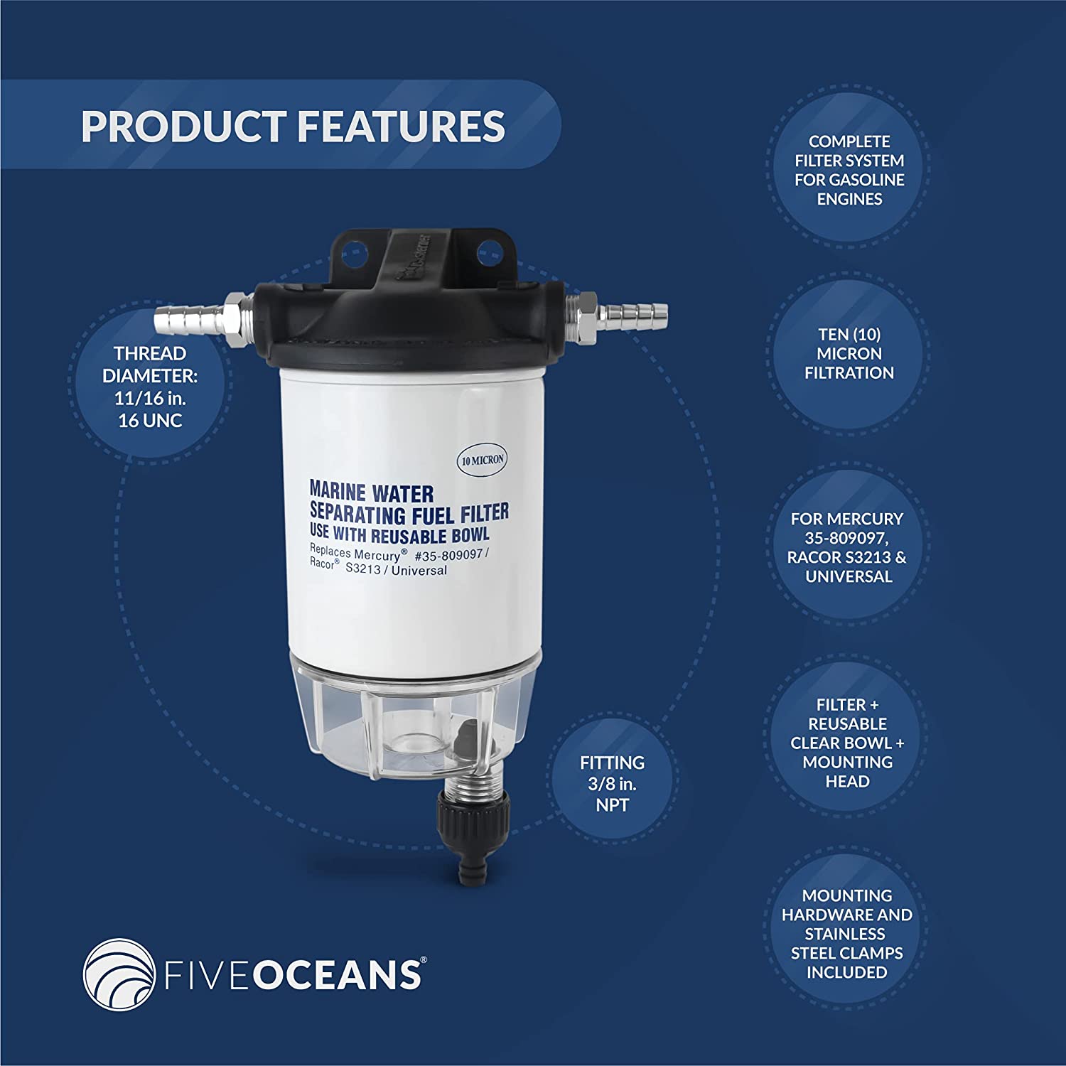 Fuel/Water Separator Filter Kit w/See Through Clear Bowl & Head for Mercury Engines- Five Oceans-Canadian Marine &amp; Outdoor Equipment