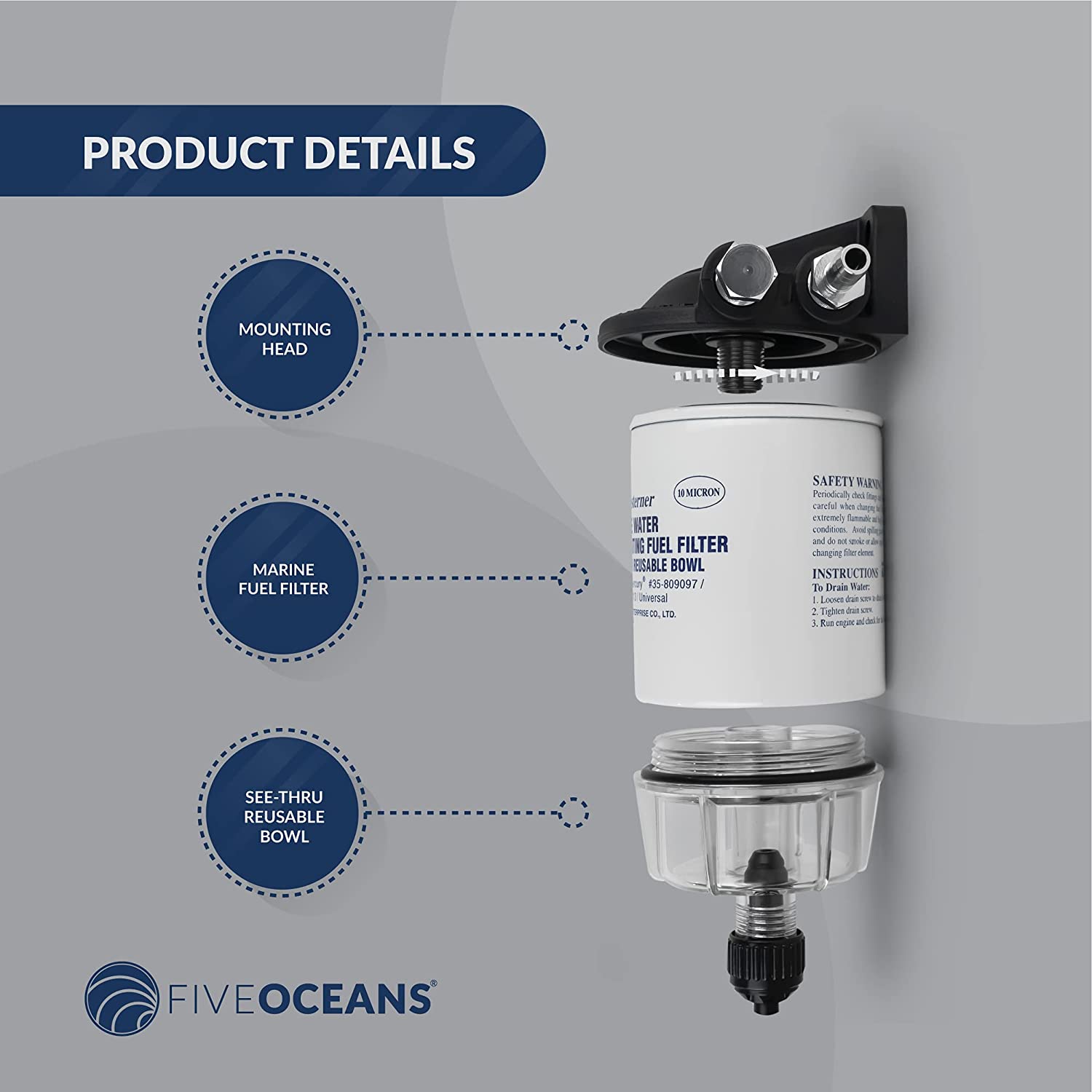 Fuel/Water Separator Filter Kit w/See Through Clear Bowl & Head for Mercury Engines- Five Oceans-Canadian Marine &amp; Outdoor Equipment