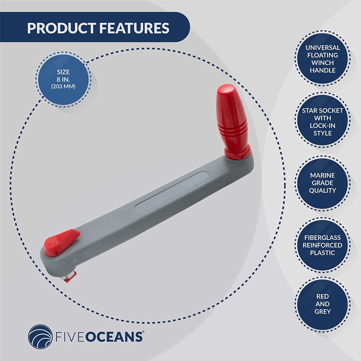 Universal Floating Lock-in Style Winch Handle, 8 inches (203 mm), Fiberglass Reinforced Plastic, Ball Bearing Grip Handle, Grey and Red | Canadian Marine & Outdoor Equipment