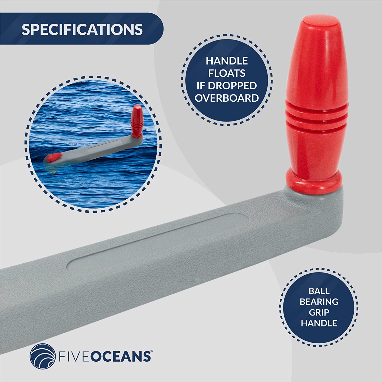 Universal Floating Lock-in Style Winch Handle, 8 inches (203 mm), Fiberglass Reinforced Plastic, Ball Bearing Grip Handle, Grey and Red | Canadian Marine & Outdoor Equipment