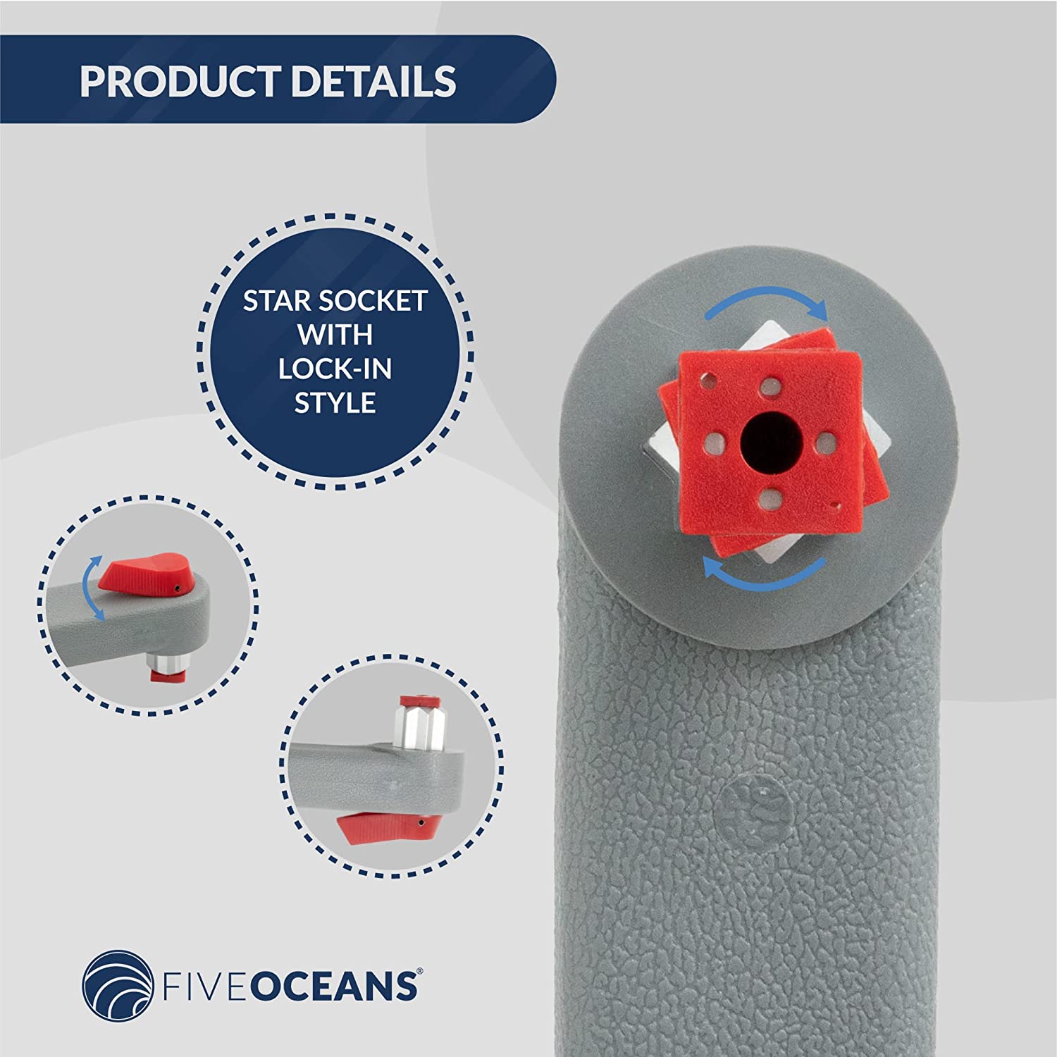 Universal Floating Lock-in Style Winch Handle, 8 inches (203 mm), Fiberglass Reinforced Plastic, Ball Bearing Grip Handle, Grey and Red | Canadian Marine & Outdoor Equipment