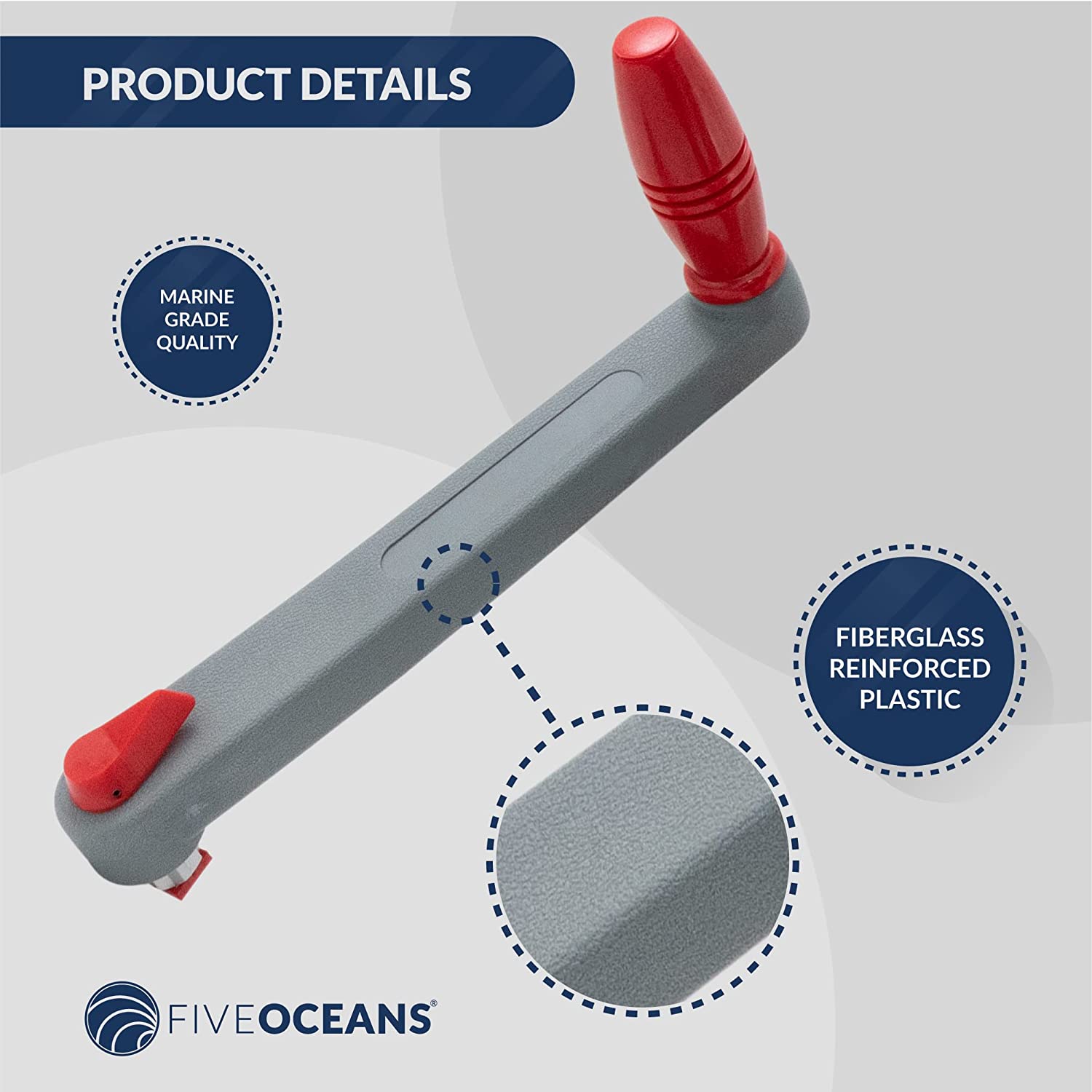 Universal Floating Lock-in Style Winch Handle, 8 inches (203 mm), Fiberglass Reinforced Plastic, Ball Bearing Grip Handle, Grey and Red | Canadian Marine & Outdoor Equipment