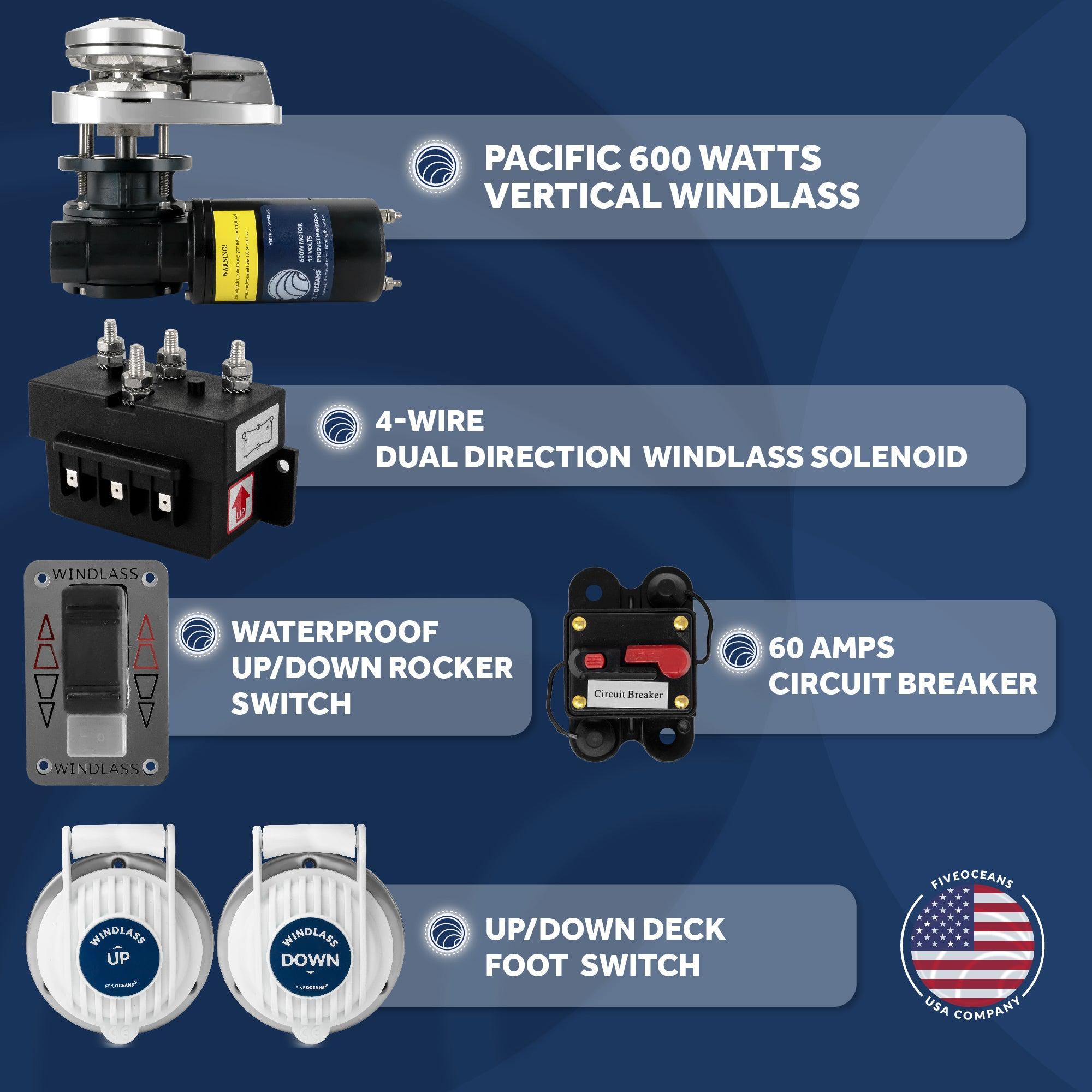 Pacific 600 Vertical Anchor Windlass 600W (1000 lbs) - 1/4" HT-G4 Chain & 1/2" Rope - Five Oceans-Canadian Marine &amp; Outdoor Equipment