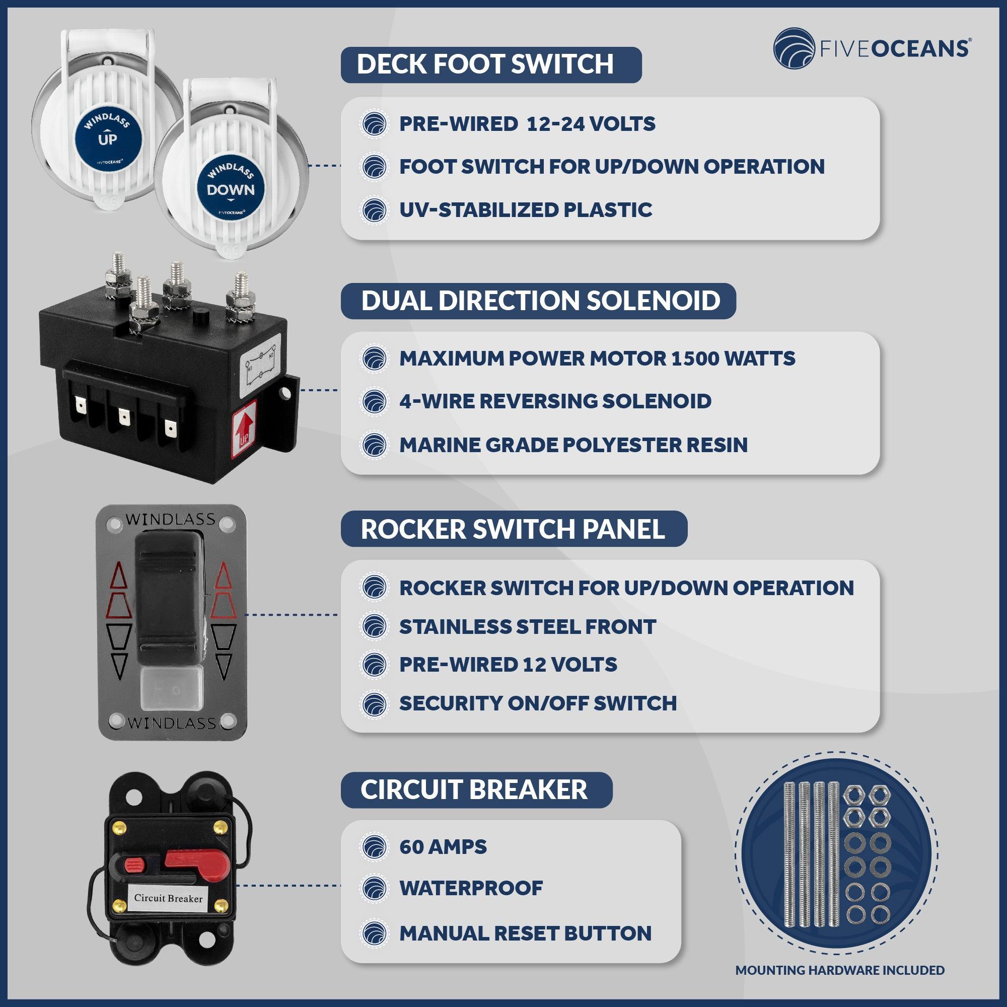 Pacific 600 Vertical Anchor Windlass 600W (1000 lbs) - 1/4" HT-G4 Chain & 1/2" Rope - Five Oceans-Canadian Marine &amp; Outdoor Equipment