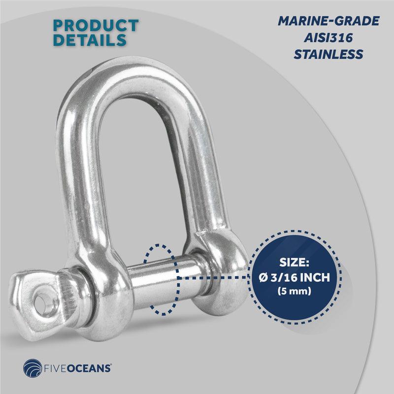 Pin D Shackles, 3/16" Screw, Stainless Steel-Canadian Marine &amp; Outdoor Equipment