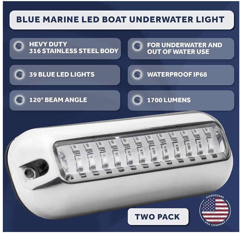 Blue Marine LED Boat Underwater Pontoon Transom Light | Polished 316 Stainless Steel Housing | Waterproof IP68 Surface Mount, 2-Pack-Canadian Marine &amp; Outdoor Equipment