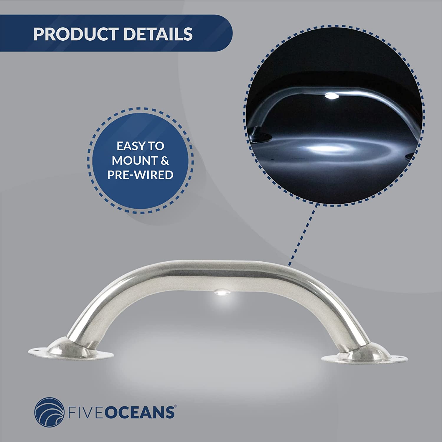 Marine Grab Handle Handrail with LED Light | Polished Stainless Steel Construction | 10-1/2-Canadian Marine &amp; Outdoor Equipment