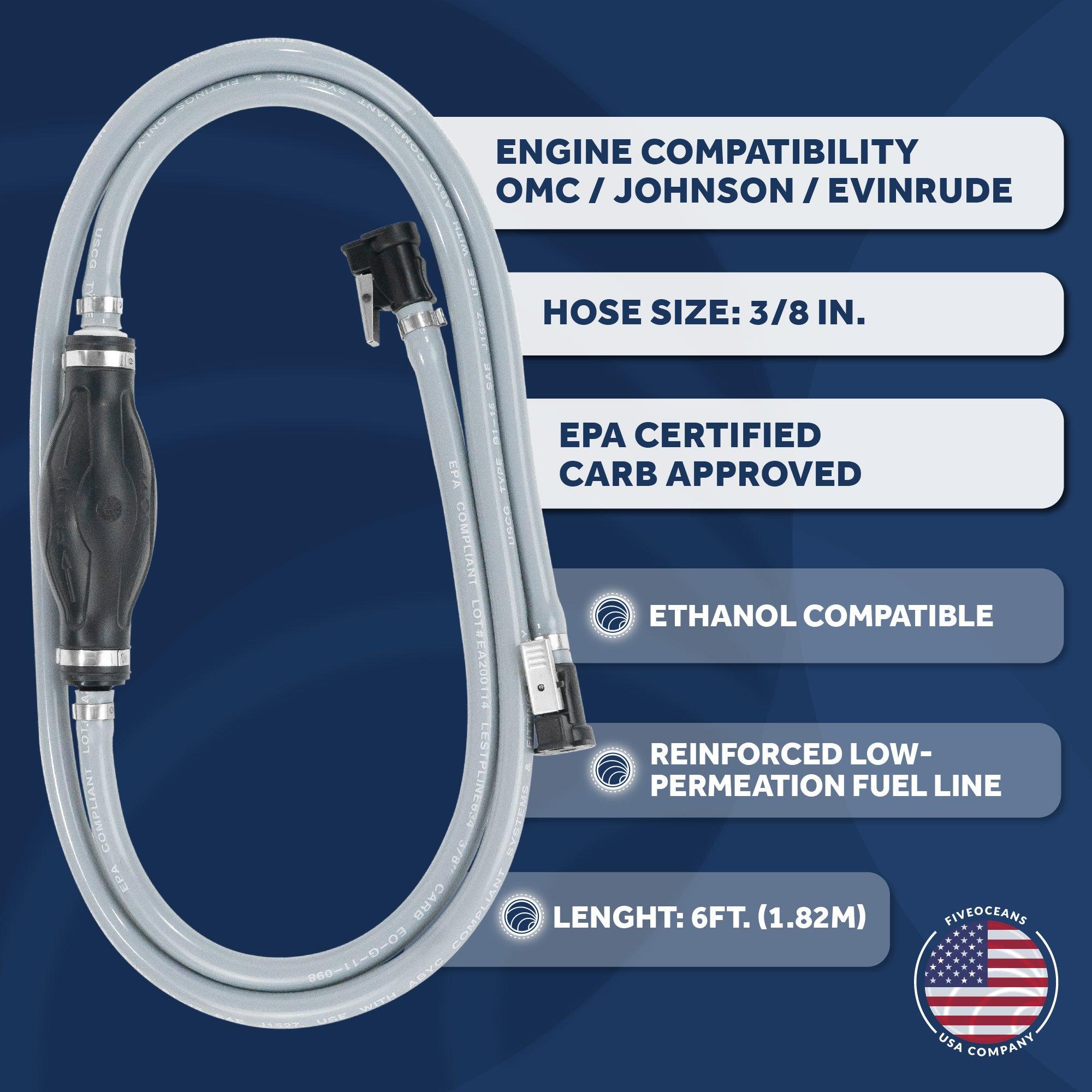Reinforced EPA/CARB Fuel Line with Primer Bulb for OMC, Johnson & Evinrude, 6 Feet x 3/8 inches Hose, Compatible with Ethanol Blended Fuels-Canadian Marine &amp; Outdoor Equipment