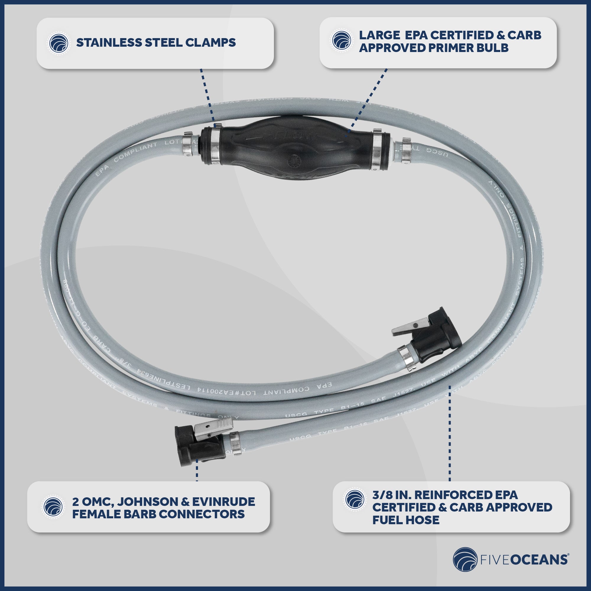 Reinforced EPA/CARB Fuel Line with Primer Bulb for OMC, Johnson & Evinrude, 6 Feet x 3/8 inches Hose, Compatible with Ethanol Blended Fuels-Canadian Marine &amp; Outdoor Equipment