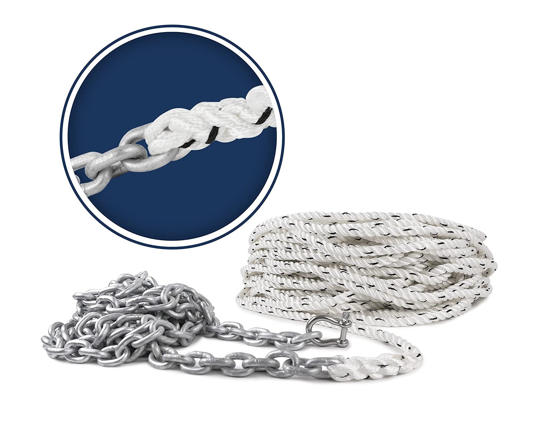 Windlass Anchor Rode Nylon Three Strand 1/2inch x 200ft with Calibrated Galvanized 1/4inch x 15ft HT G4 Chain, 1/4in SS Shackle Included, Prespliced-Canadian Marine &amp; Outdoor Equipment