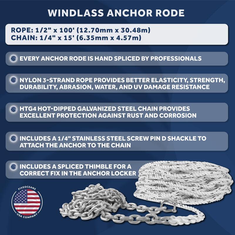 Calibrated Chain with Nylon Three Strand Rope for Windlass w/Hot Dipped Galvanized HT G4 Chain, Pre-Spliced Rope 1/2"x100FT / Chain 1/4"x15FT-Canadian Marine &amp; Outdoor Equipment