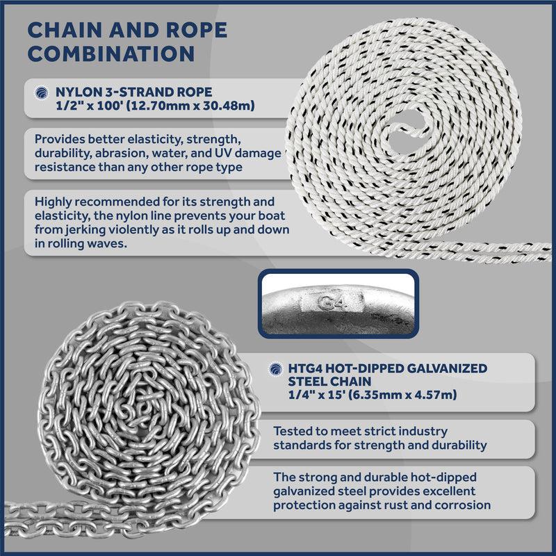 Calibrated Chain with Nylon Three Strand Rope for Windlass w/Hot Dipped Galvanized HT G4 Chain, Pre-Spliced Rope 1/2"x100FT / Chain 1/4"x15FT-Canadian Marine &amp; Outdoor Equipment