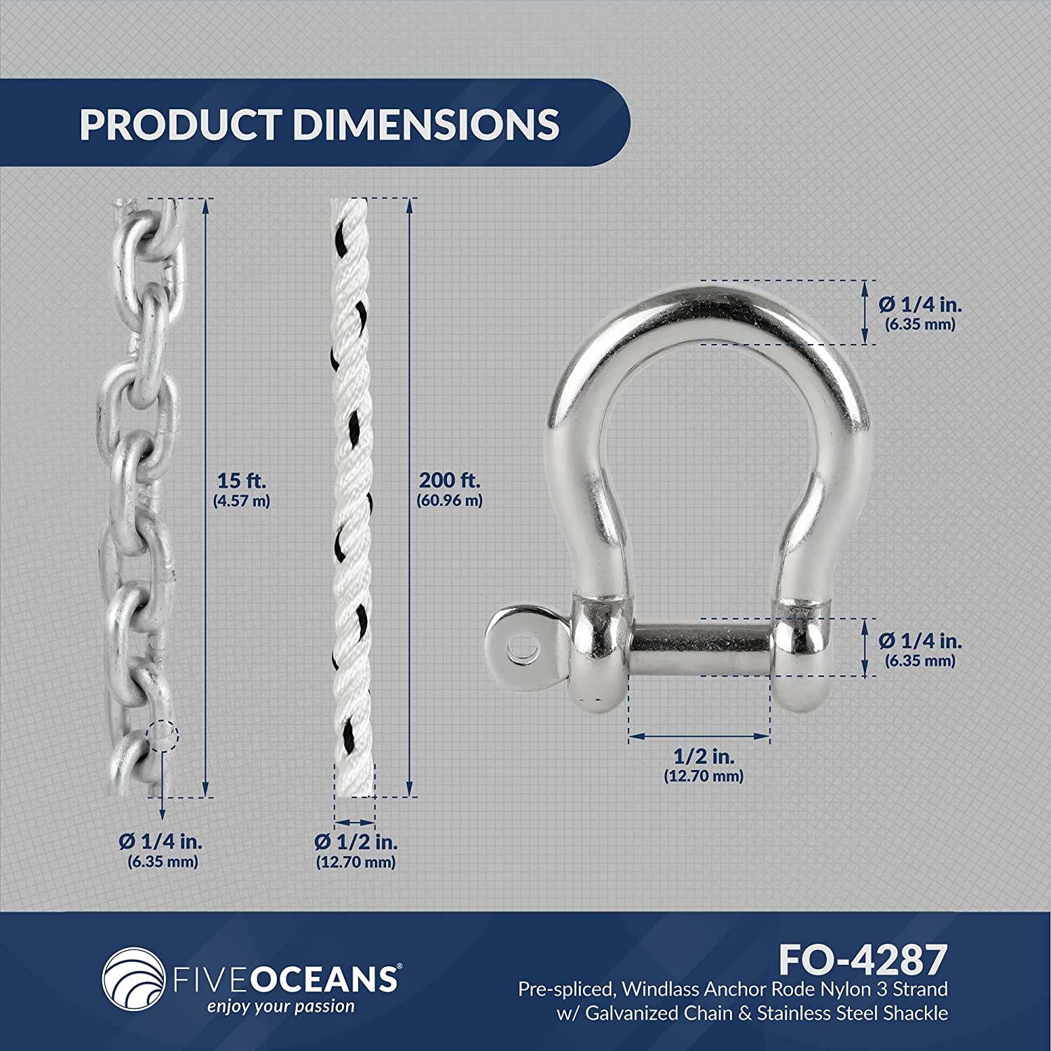 Windlass Anchor Rode Nylon Three Strand 1/2inch x 200ft with Calibrated Galvanized 1/4inch x 15ft HT G4 Chain, 1/4in SS Shackle Included, Prespliced-Canadian Marine &amp; Outdoor Equipment