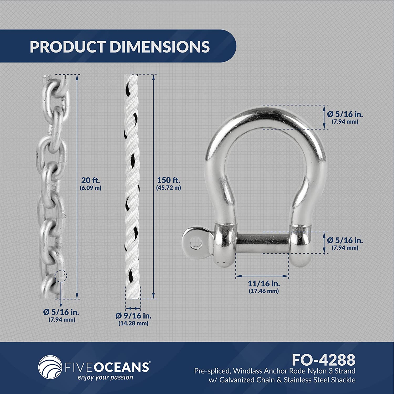 Nylon Three Strand Windlass Rope 9/16"x150FT w/ Calibrated Galvanized 5/16"x20FT HT G4 Chain, Pre-Spliced - Five Oceans-Canadian Marine &amp; Outdoor Equipment