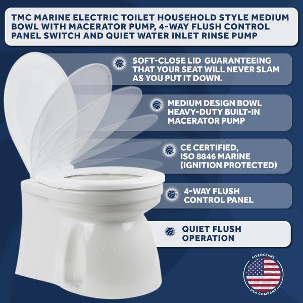 Marine Electric Toilet Household Style Medium Bowl, Quiet Flush Operation, with Macerator Pump and 4-Way Flush Control Panel-Canadian Marine &amp; Outdoor Equipment