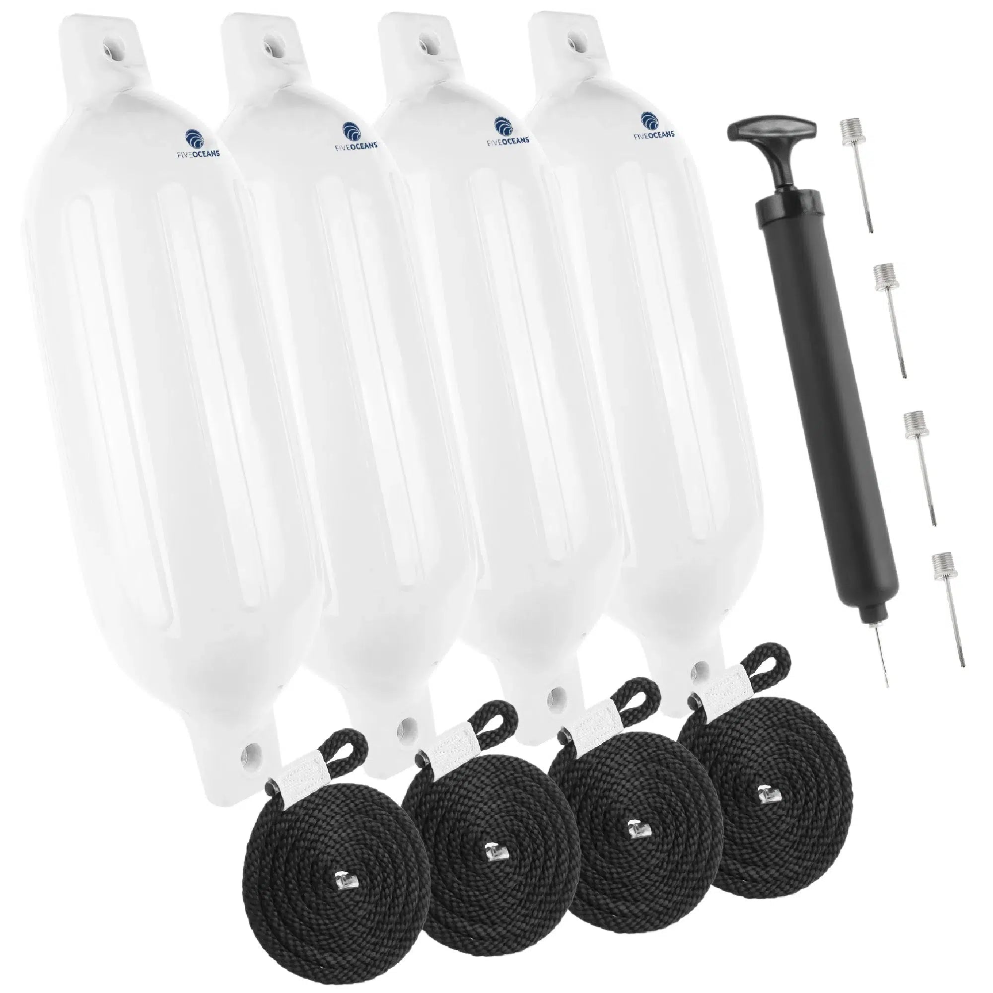 White Inflatable Ribbed Boat Fender | 4x16 inches with 3/8 inches Fender Line | Integrated Needle Valve with 4 Needles | 4-Pack-Canadian Marine &amp; Outdoor Equipment
