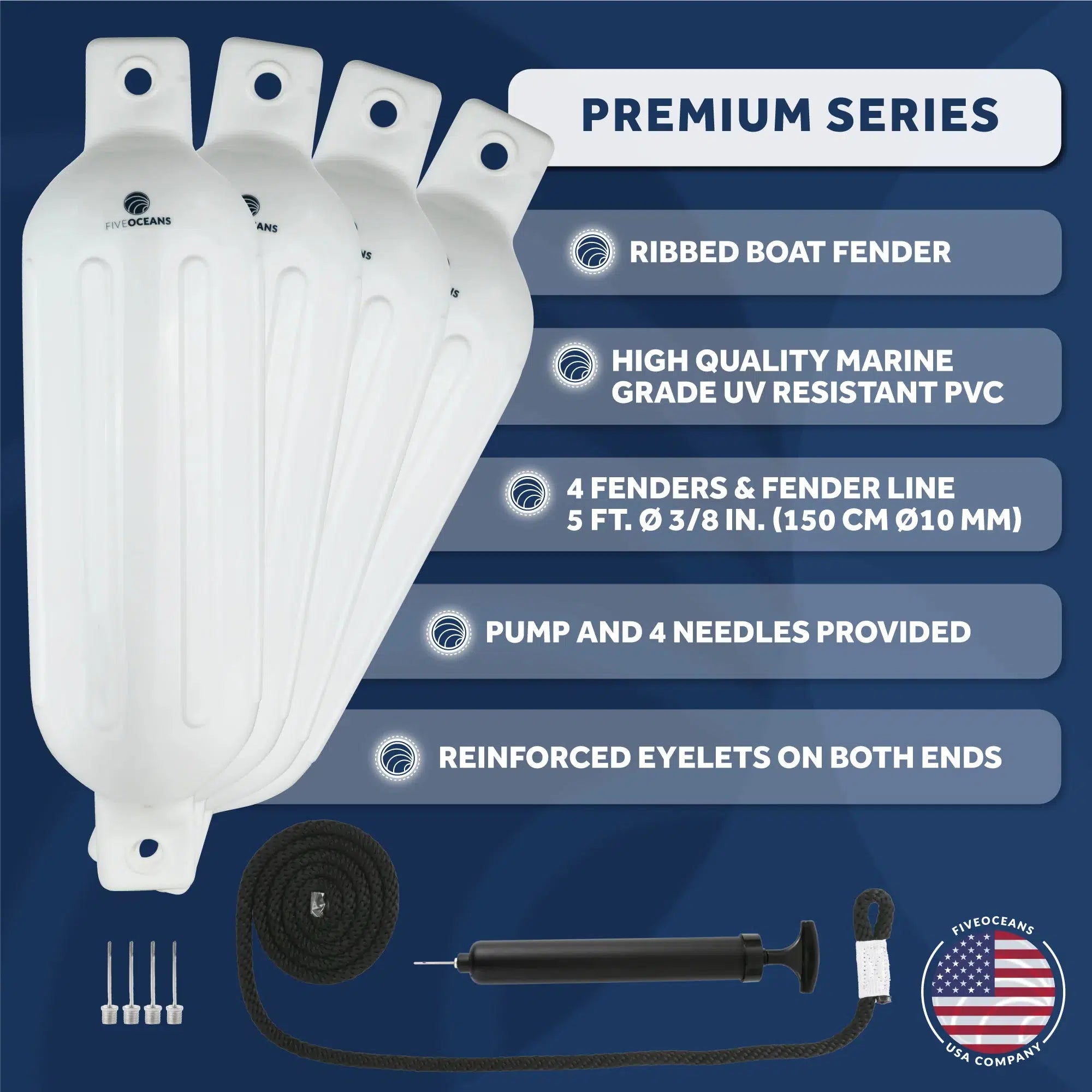White Inflatable Ribbed Boat Fender | 4x16 inches with 3/8 inches Fender Line | Integrated Needle Valve with 4 Needles | 4-Pack-Canadian Marine &amp; Outdoor Equipment