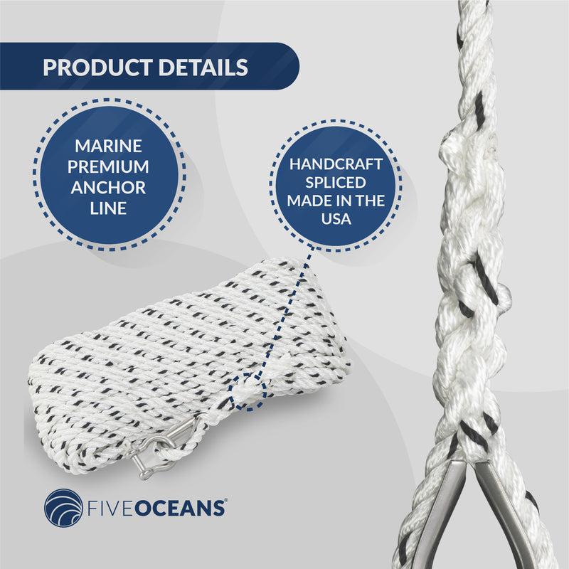 Marine Premium Anchor Line, 3/8 in by 75 FT White 3-Strand Nylon Twisted Rope, Spliced, 3/8 in SS Thimble, 1/4 in SS Shackle, Tracer-Canadian Marine &amp; Outdoor Equipment