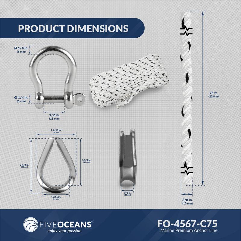 Marine Premium Anchor Line, 3/8 in by 75 FT White 3-Strand Nylon Twisted Rope, Spliced, 3/8 in SS Thimble, 1/4 in SS Shackle, Tracer-Canadian Marine &amp; Outdoor Equipment