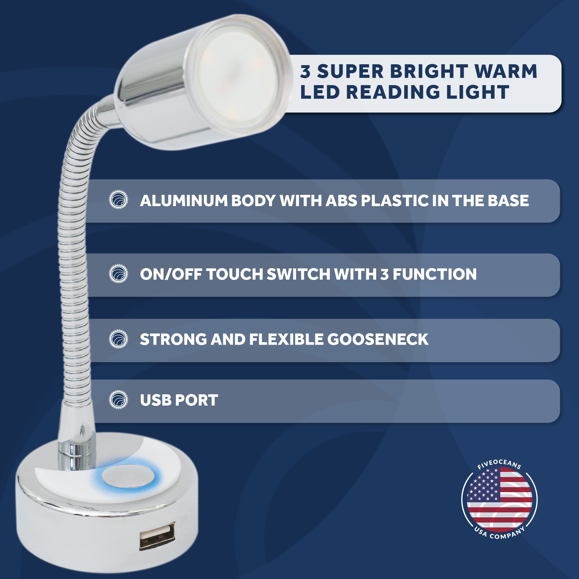 LED Reading Light with USB Port, 3 LED Pieces, Aluminum with ABS Plastic base, Touch Switch with LED indicator, 10-15 Volts, Warm White-Canadian Marine &amp; Outdoor Equipment