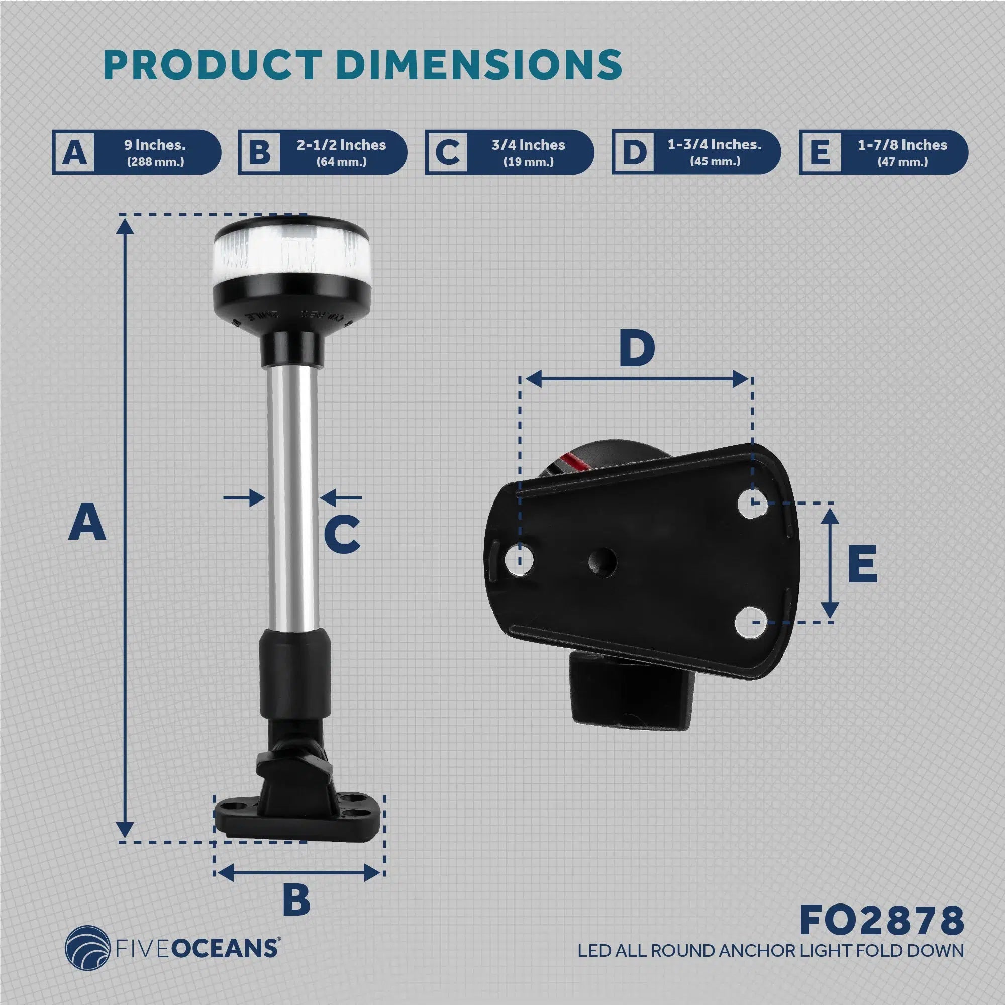 Marine Boat Navigation Light Anchor, Running, All Round 360, White LED Fold Down 9 inches - Five Oceans-Canadian Marine &amp; Outdoor Equipment