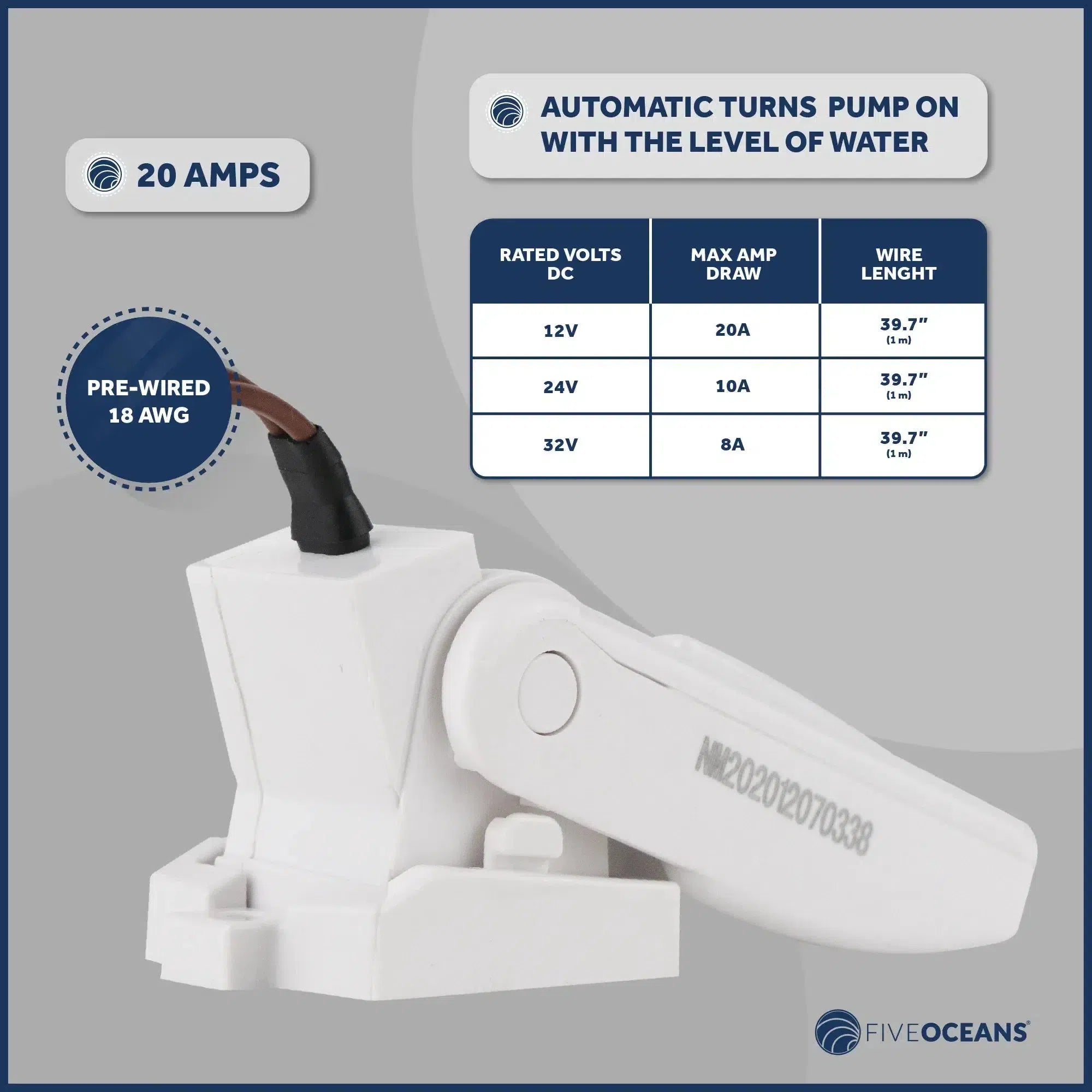 Automatic Boat Bilge Pump Float Switch 20 Amps - Five Oceans-Canadian Marine &amp; Outdoor Equipment