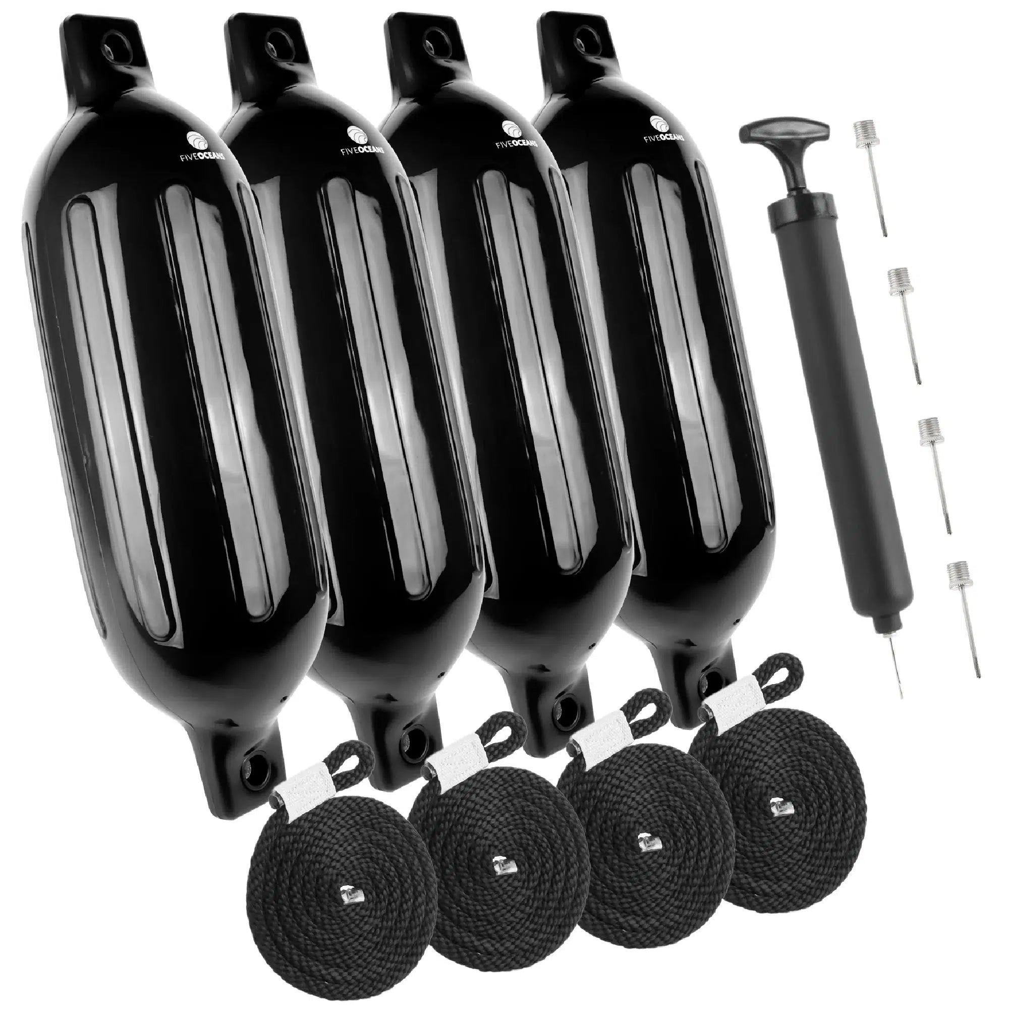 Black Inflatable Ribbed Boat Fender | 4x16 inches with 3/8 inches Fender Line | Integrated Needle Valve with 4 Needles | 4-Pack-Canadian Marine &amp; Outdoor Equipment