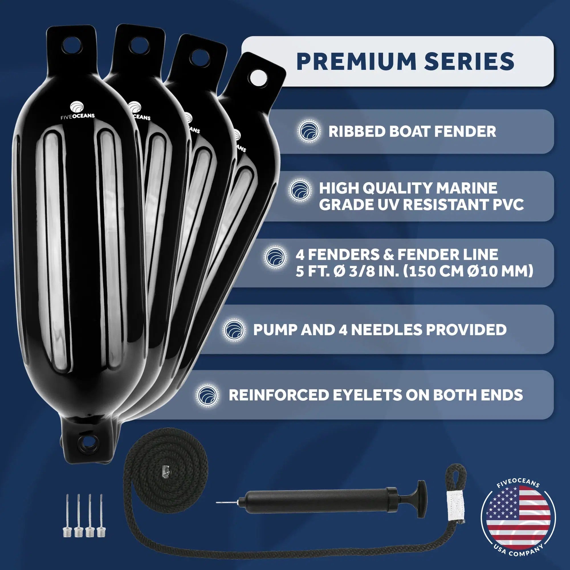 Black Inflatable Ribbed Boat Fender | 4x16 inches with 3/8 inches Fender Line | Integrated Needle Valve with 4 Needles | 4-Pack-Canadian Marine &amp; Outdoor Equipment