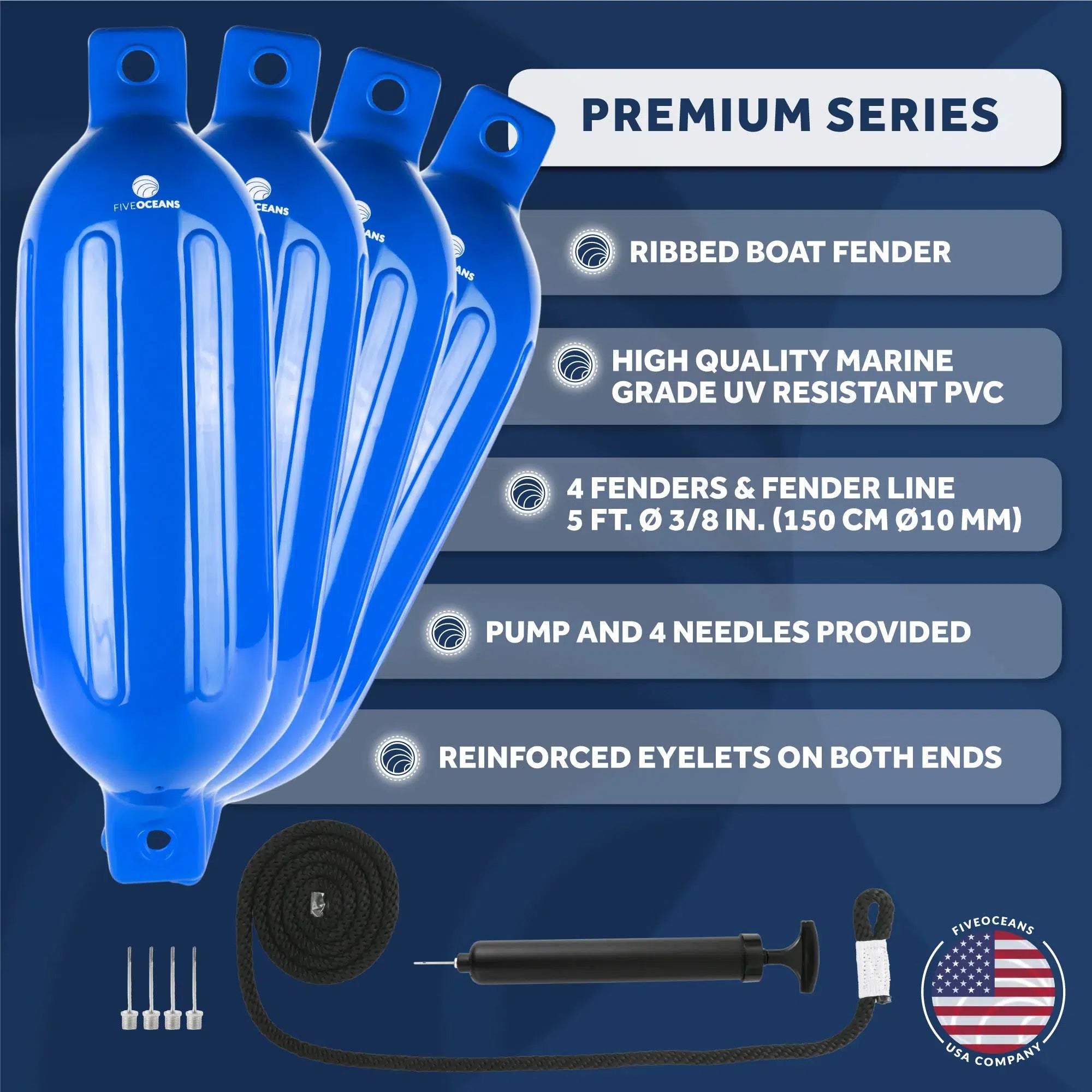 Blue Inflatable Ribbed Boat Fender | 4.5x16 inches with 3/8 inches Fender Line | Integrated Needle Valve with 4 Needles | 4-Pack-Canadian Marine &amp; Outdoor Equipment