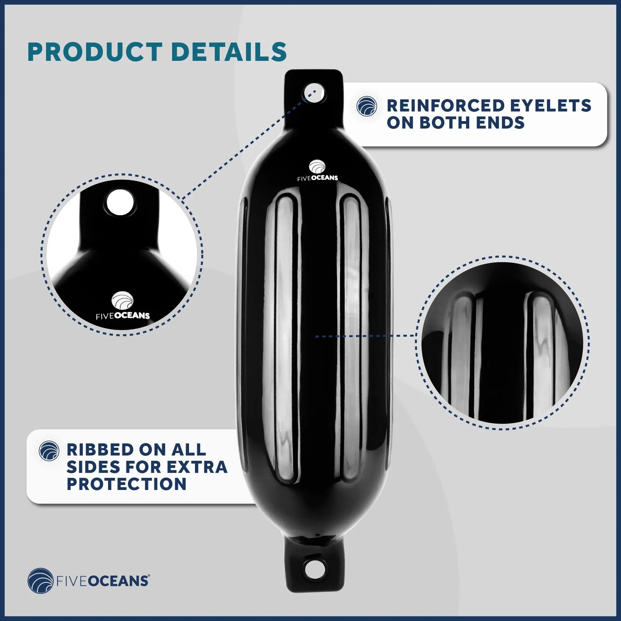 Black Inflatable Ribbed Boat Fender | 6.5x23 inches with 3/8 inches Fender Line | Integrated Needle Valve with 4 Needles | 4-Pack-Canadian Marine &amp; Outdoor Equipment