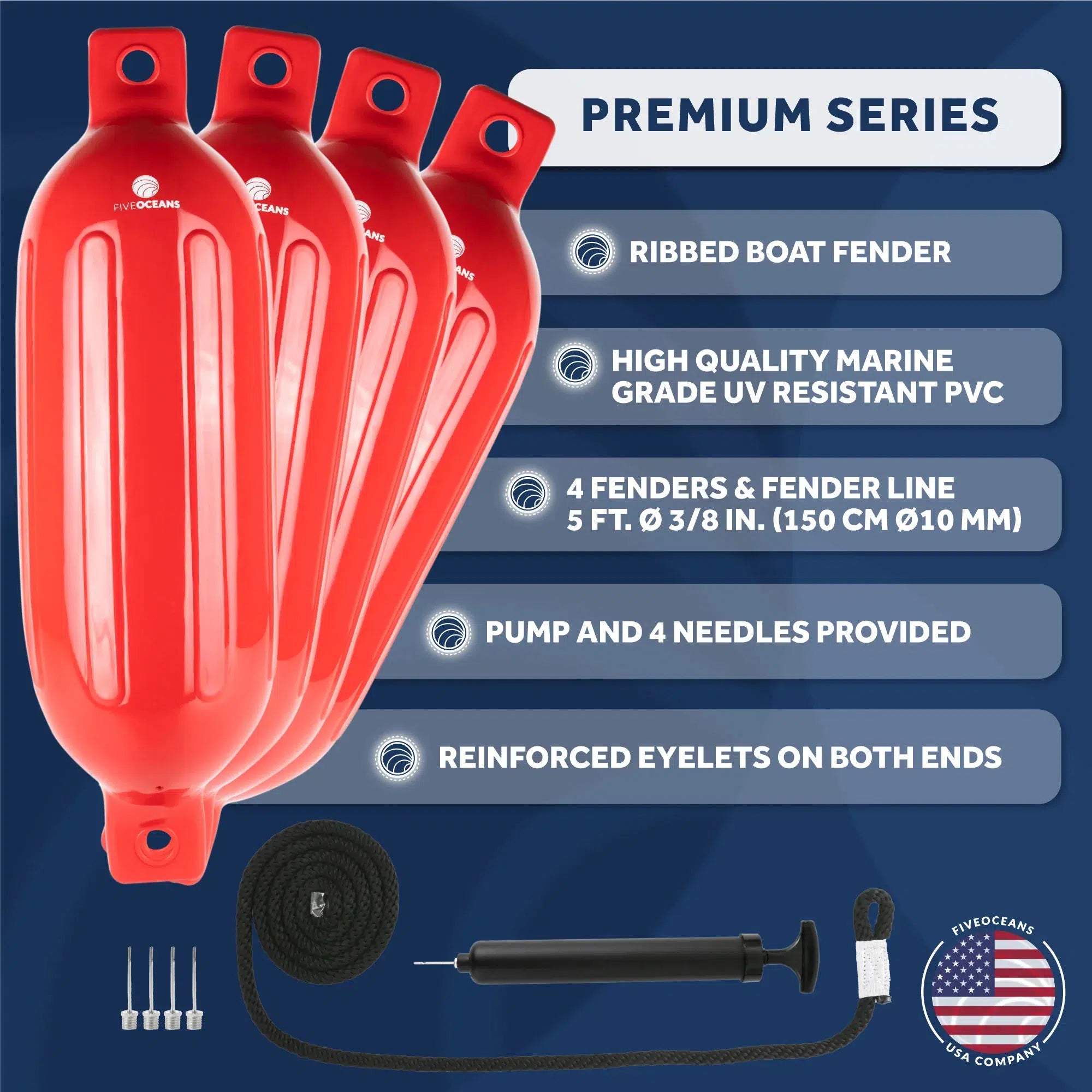 Red Inflatable Ribbed Boat Fender | 6.5x23 inches with 3/8 inches Fender Line | Integrated Needle Valve with 4 Needles | 4-Pack-Canadian Marine &amp; Outdoor Equipment