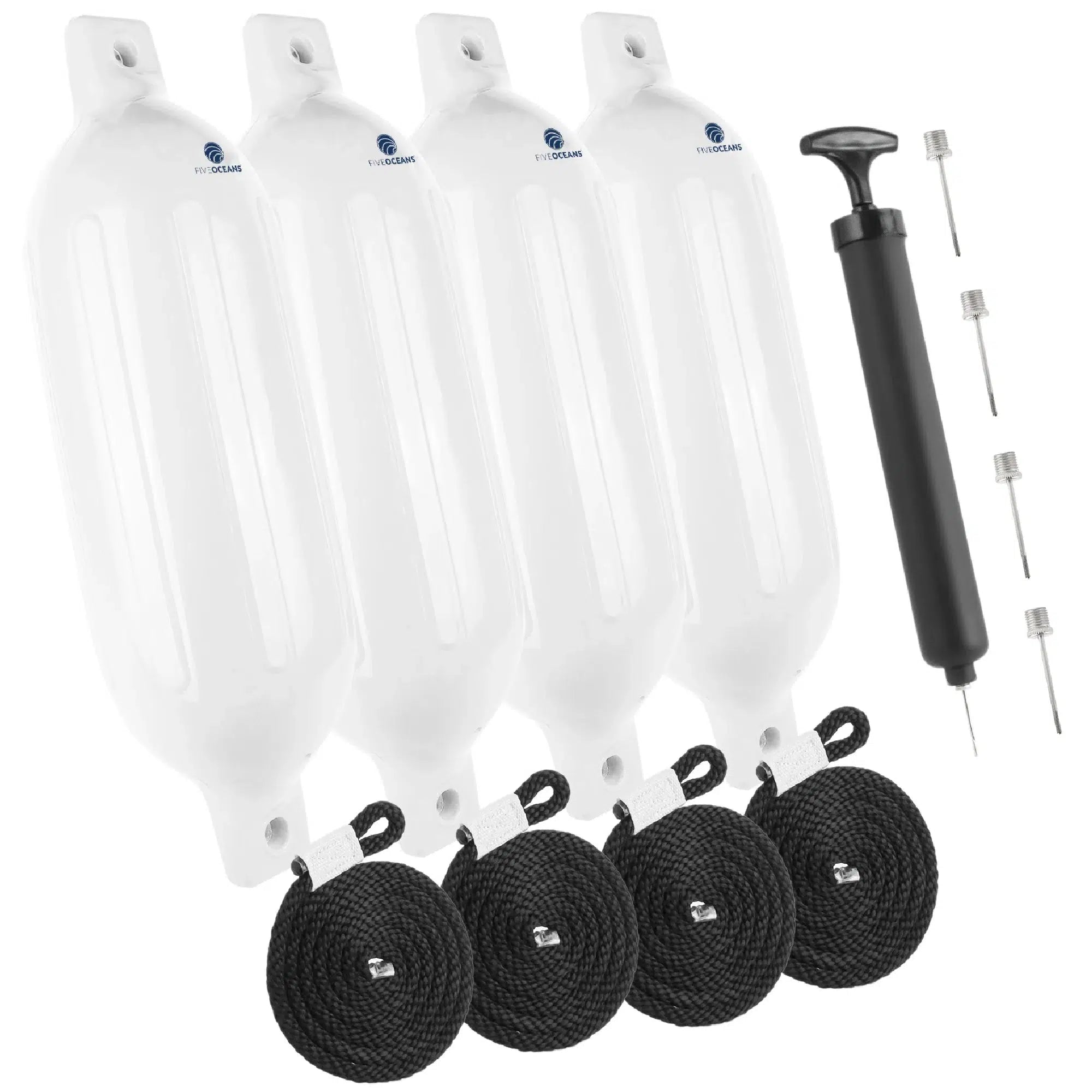 White Inflatable Ribbed Boat Fender | 6.5x23 inches with 3/8 inches Fender Line | Integrated Needle Valve with 4 Needles | 4-Pack-Canadian Marine &amp; Outdoor Equipment