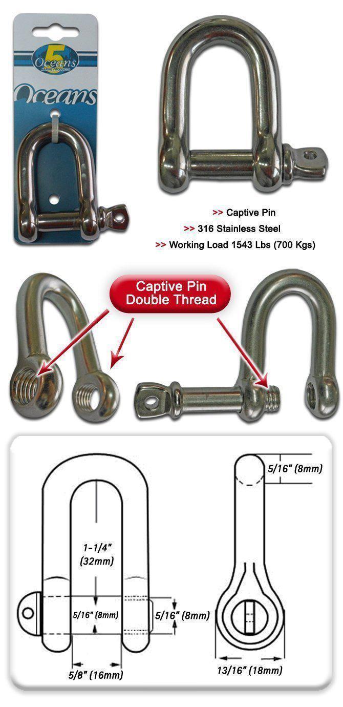 Captive Pin Chain D Type Rigging Shackle 5/16" (Set of 4)-Canadian Marine &amp; Outdoor Equipment