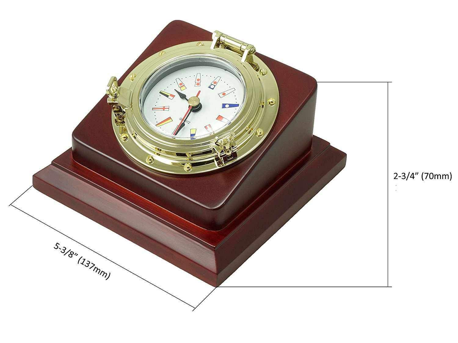 Golden Nautical Porthole Brass Desk Clock w/ Solid Wooden Base & Quartz Clock Movement - Five Oceans-Canadian Marine &amp; Outdoor Equipment