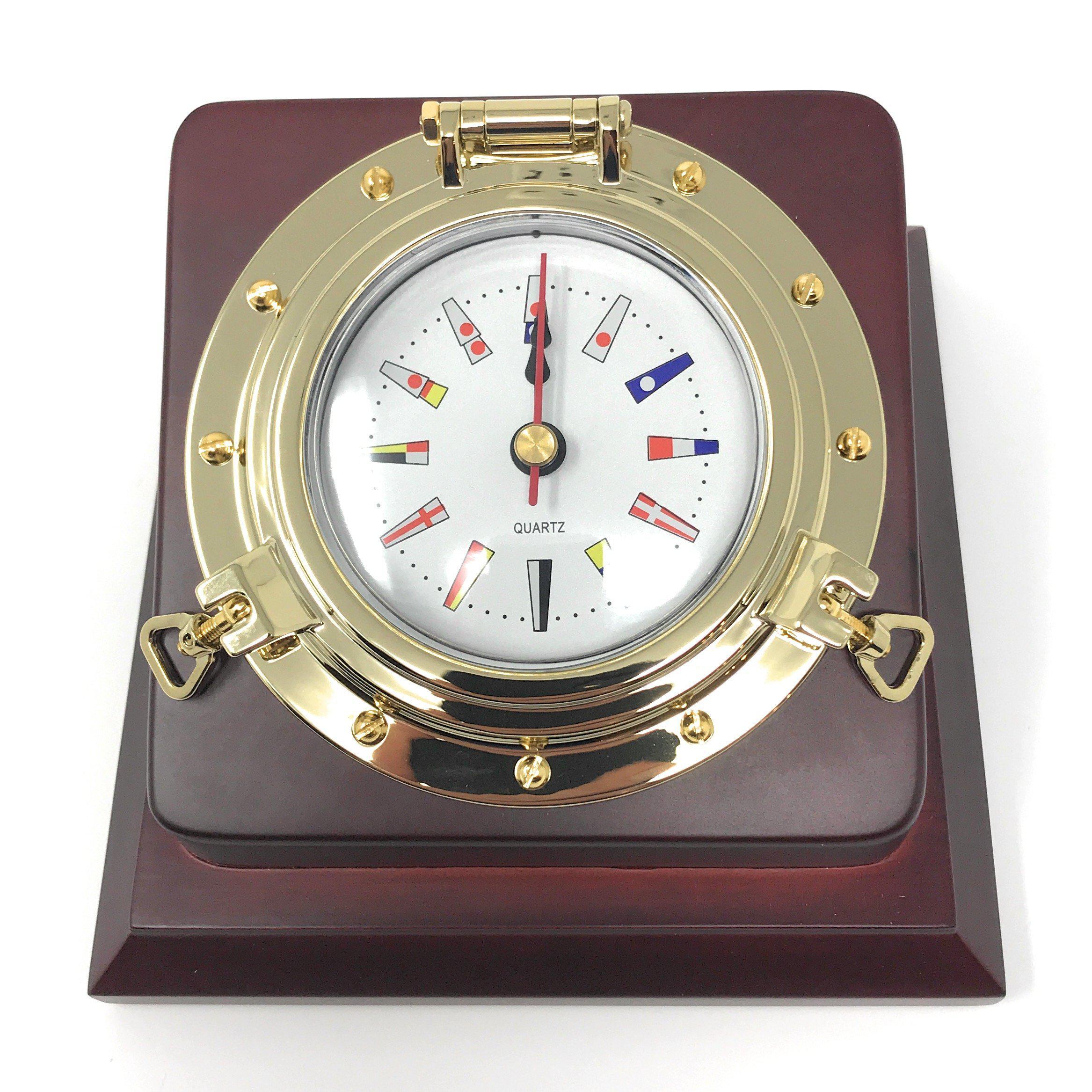 Golden Nautical Porthole Brass Desk Clock w/ Solid Wooden Base & Quartz Clock Movement - Five Oceans-Canadian Marine &amp; Outdoor Equipment