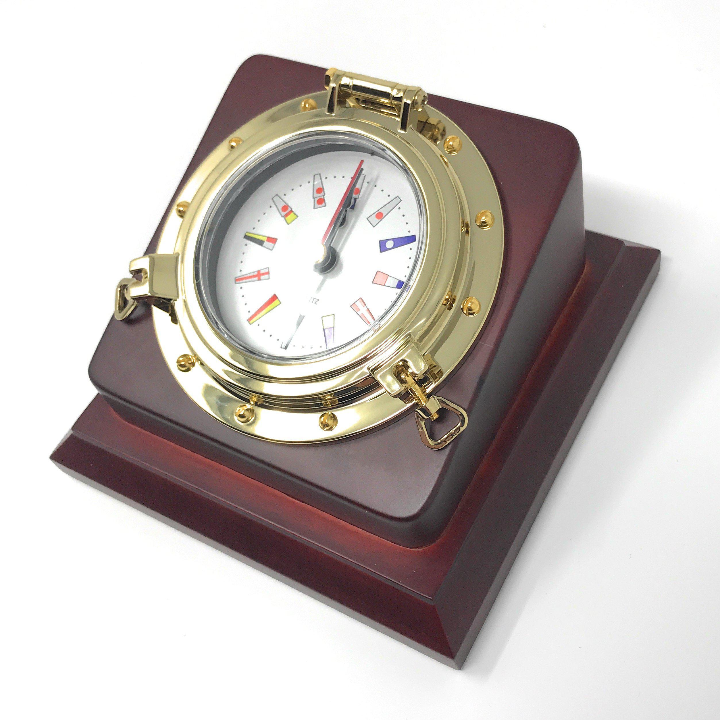 Golden Nautical Porthole Brass Desk Clock w/ Solid Wooden Base & Quartz Clock Movement - Five Oceans-Canadian Marine &amp; Outdoor Equipment