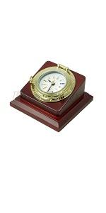 Golden Nautical Porthole Brass Desk Clock w/ Solid Wooden Base & Quartz Clock Movement - Five Oceans-Canadian Marine &amp; Outdoor Equipment