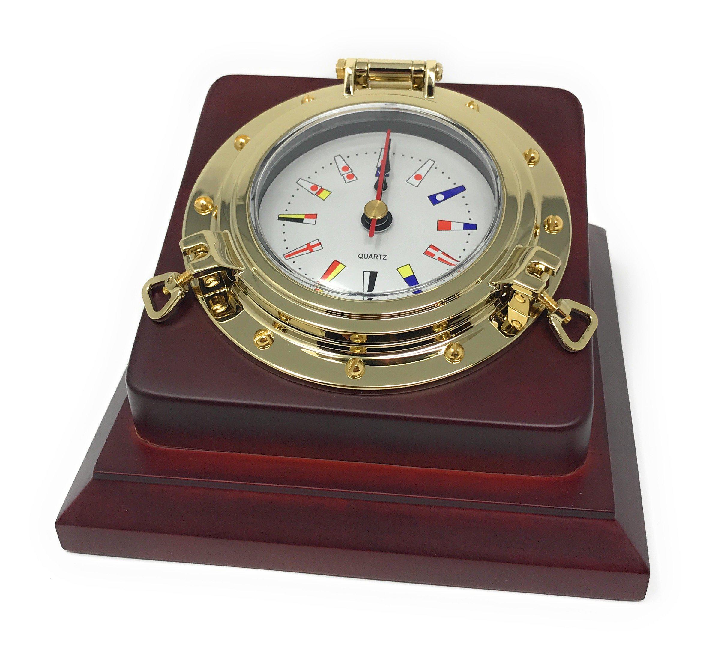 Golden Nautical Porthole Brass Desk Clock w/ Solid Wooden Base & Quartz Clock Movement - Five Oceans-Canadian Marine &amp; Outdoor Equipment